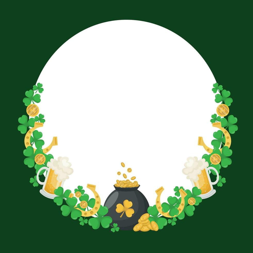 st. Patricks dag ram med pott av guld, mynt, hästskor och vitklöver löv. vykort, baner. vektor illustration