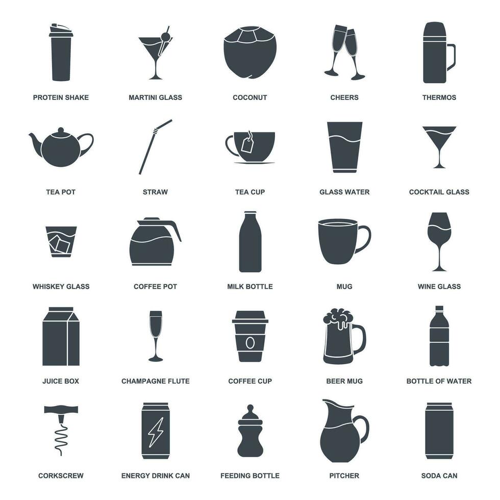 dryck ikon uppsättning, inkluderad ikoner som öl mugg, mapp, te pott, mjölk flaska och Mer symboler samling, logotyp isolerat vektor illustration