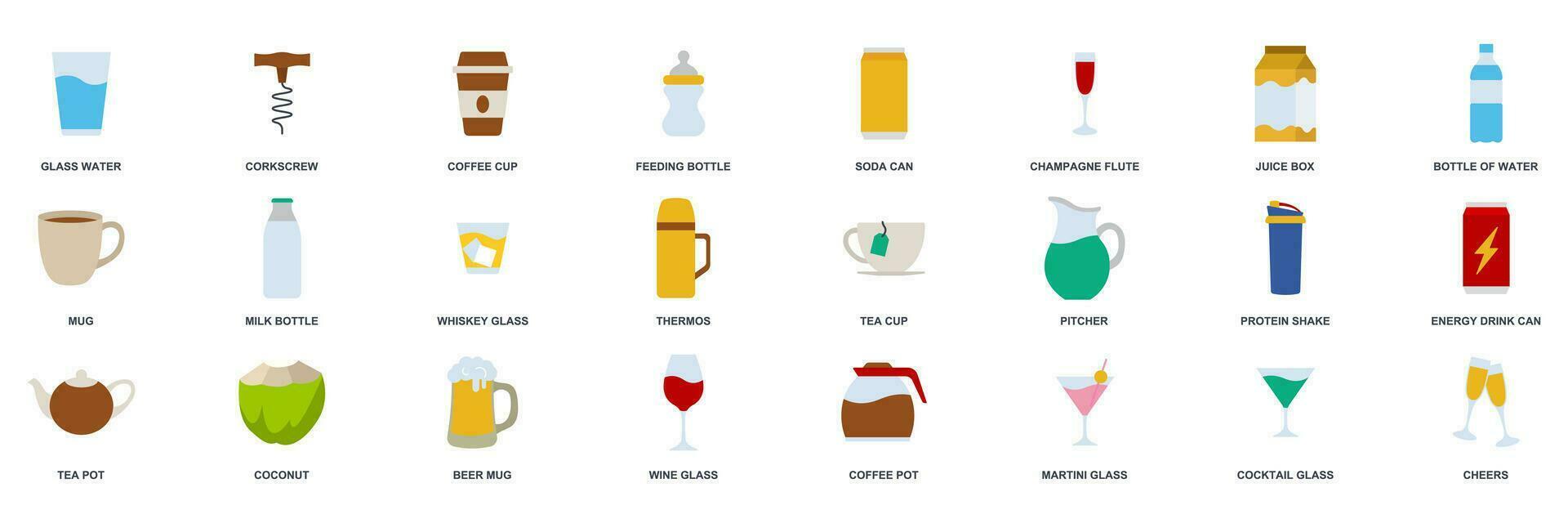 dryck ikon uppsättning, inkluderad ikoner som öl mugg, mapp, te pott, mjölk flaska och Mer symboler samling, logotyp isolerat vektor illustration