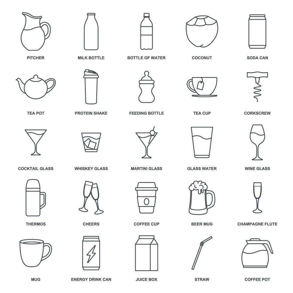 trinken Symbol Satz, inbegriffen Symbole wie Bier Becher, Ordner, Tee Topf, Milch Flasche und Mehr Symbole Sammlung, Logo isoliert Vektor Illustration