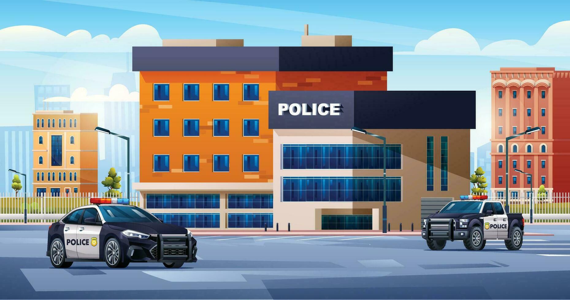 Polizei Bahnhof Gebäude mit patrouillieren Autos auf Stadtbild Hintergrund. Polizei Abteilung Büro. Stadt Landschaft Vektor Illustration