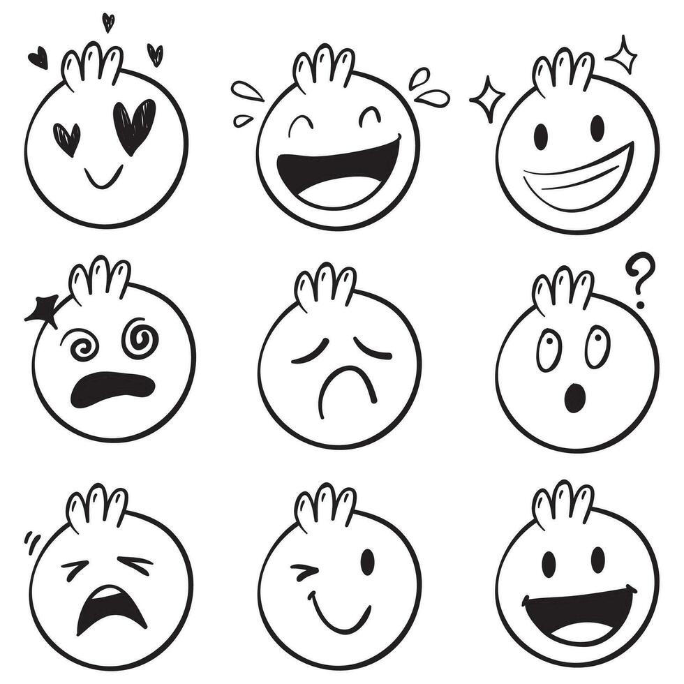 handritade bläck emojis ansikten. doodle uttryckssymboler skiss, bläck borste ikoner av glad ledsen ansikte. tecknad konst vektor