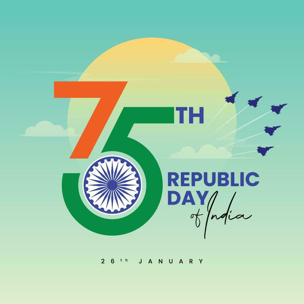 75 år av indisk republik dag firande bakgrund, logotyp, typografi med tricolor flagga och konfetti. vektor illustration