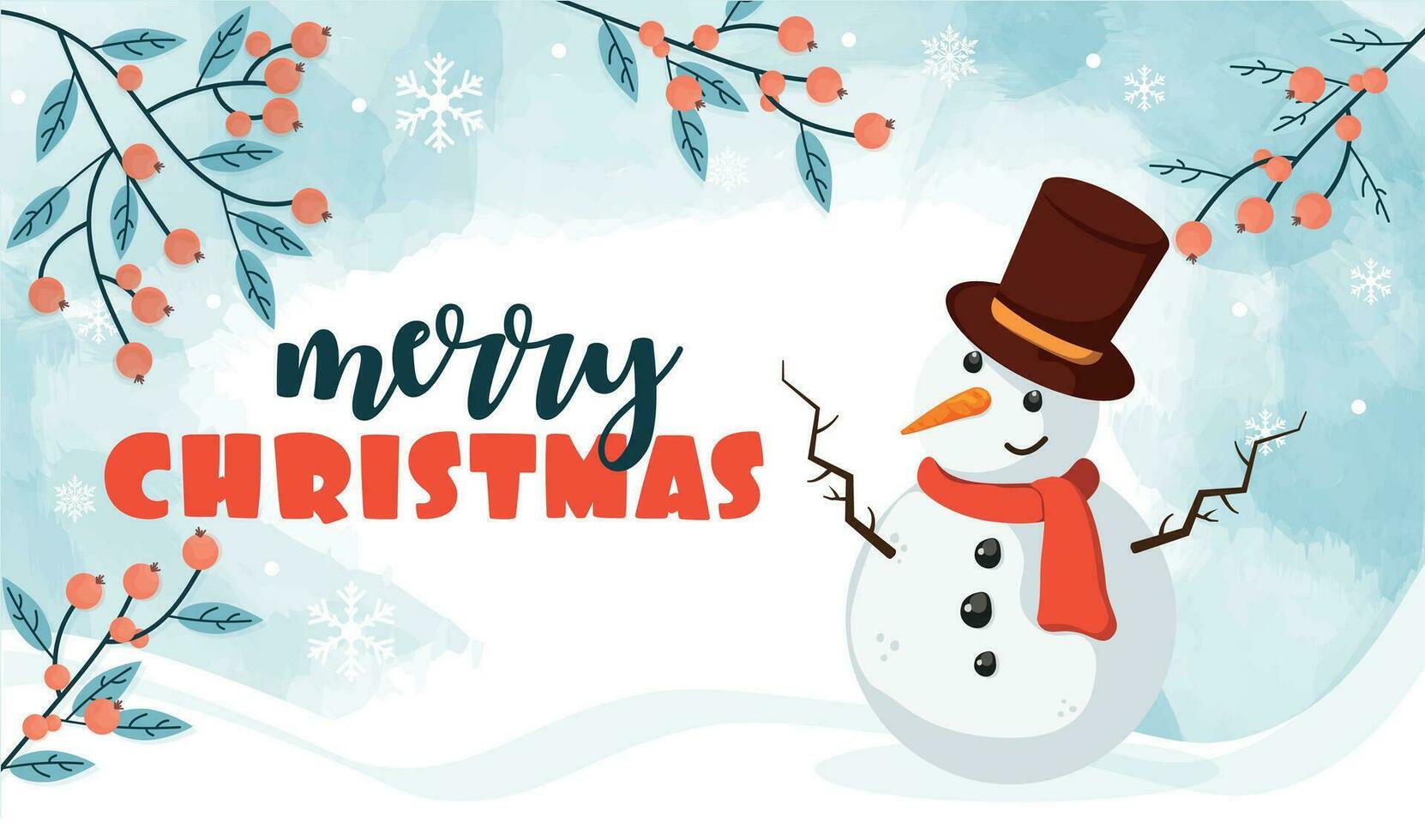 Lycklig högtider hälsning kort med text söt handskriven vektor illustration med snöflingor snögubbe jul
