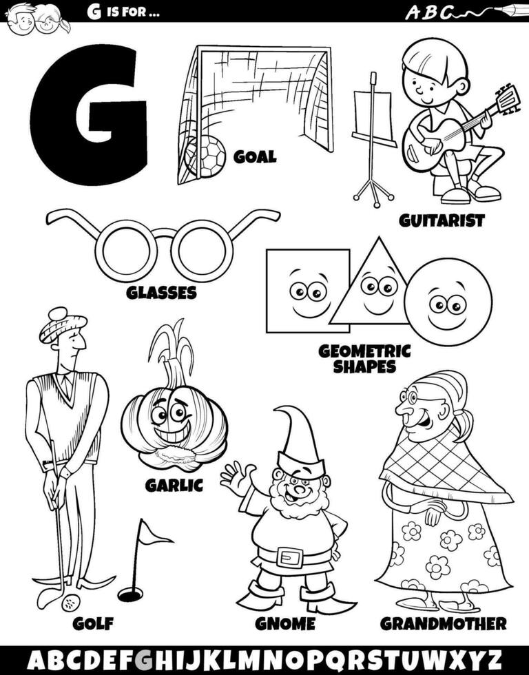 Brief G einstellen mit Karikatur Objekte und Zeichen Färbung Seite vektor