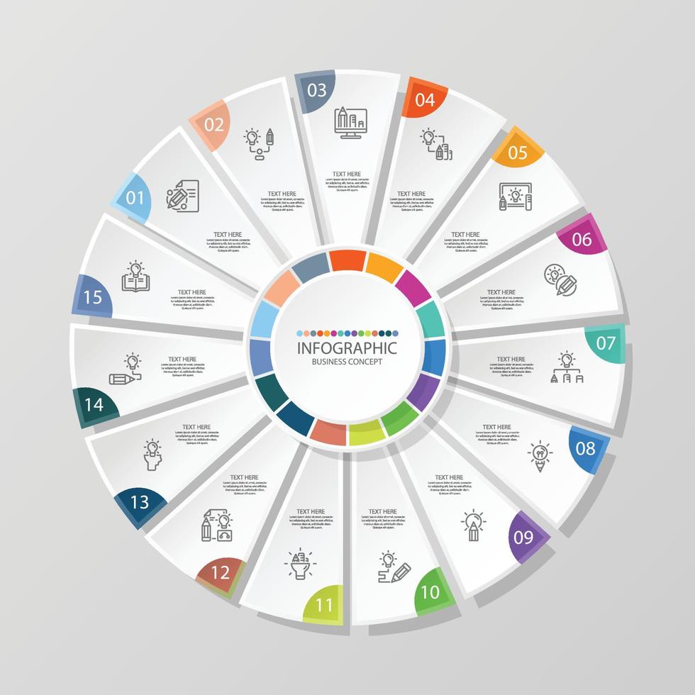 Grundlegende Kreis-Infografik-Vorlage mit 15 Schritten. vektor