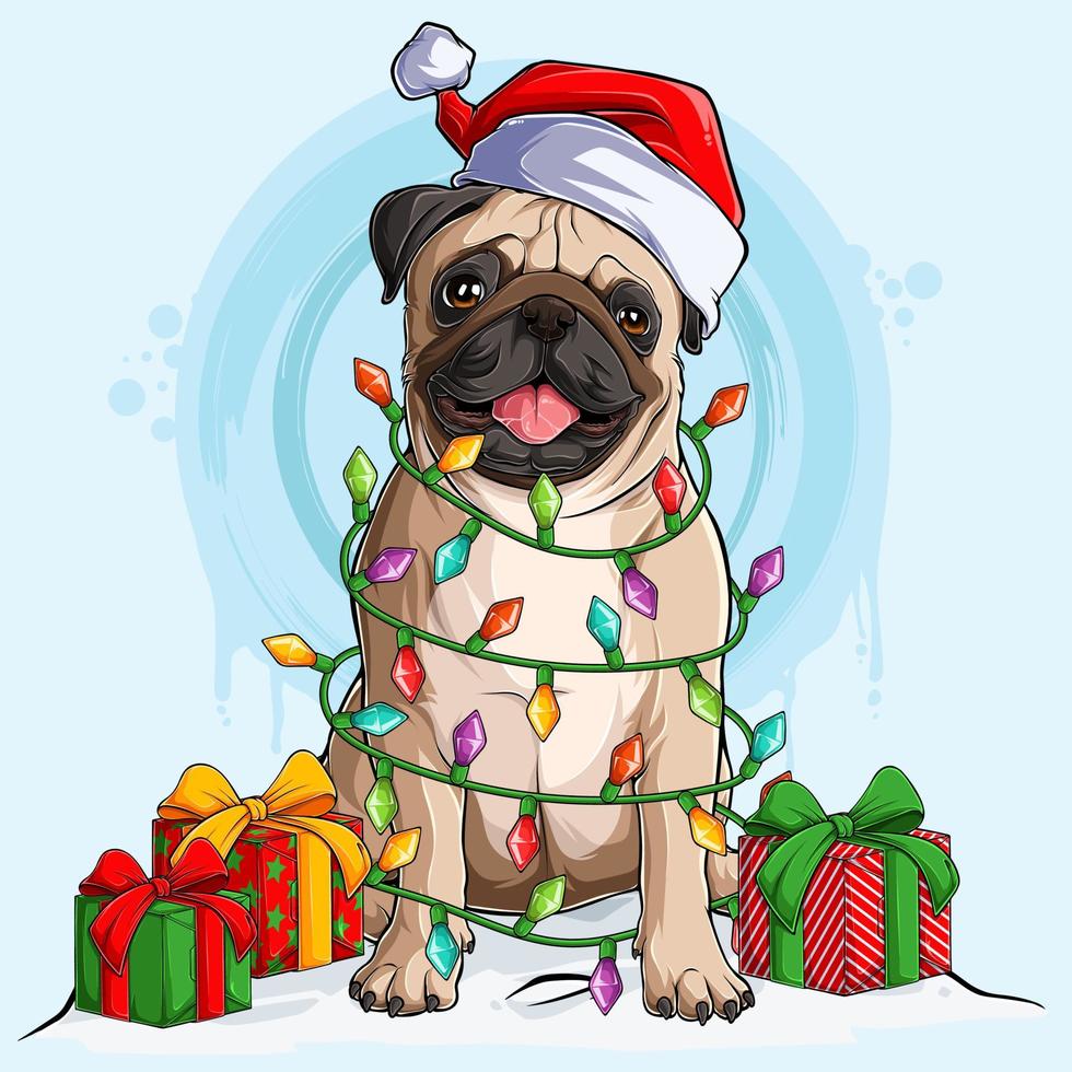 Mops Hund in Weihnachtsmütze sitzt und umgeben von Weihnachtsbaumlichtern und Geschenken an seinen Seiten vektor