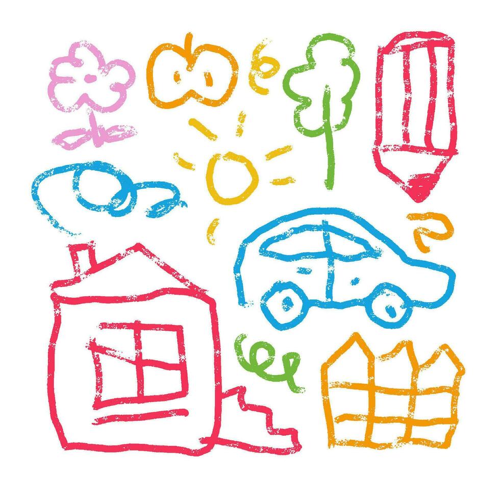 Kinder Rau linear Zeichnung Satz. Kind Farbe Haus, Auto, Baum , Blume, Apfel und Sonne Gekritzel Buntstifte, Farbe Bleistift Kind zeichnen Elemente. süß neoterisch Kindergarten Vektor Clip Art