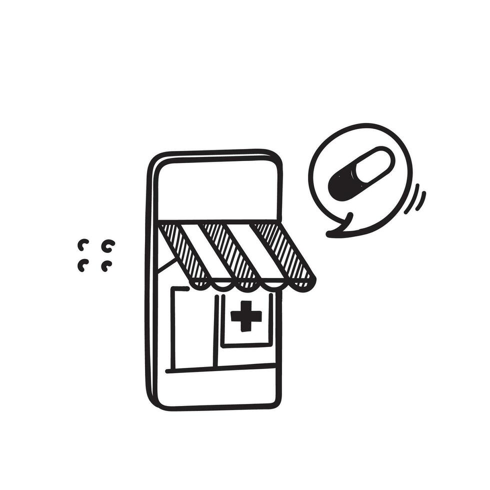 Hand gezeichnet Gekritzel Kaufen Medizin beim das medizinisch Geschäft Handy, Mobiltelefon Telefon Illustration Vektor