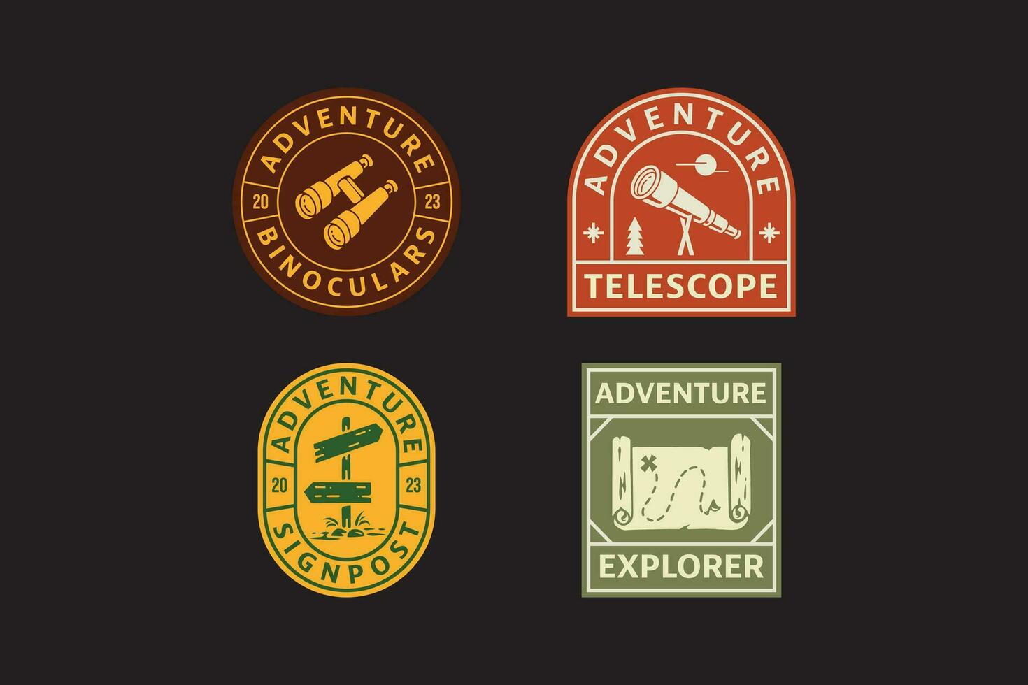 Fernglas, Fernrohr, Wegweiser, Karte Abzeichen Logo Vektor zum Abenteuer und Camping