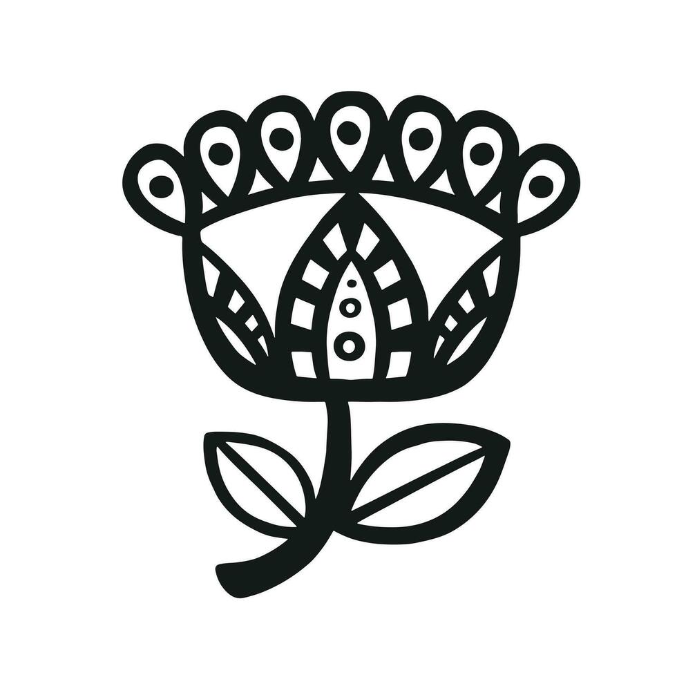 etniskt stiliserade linjär översikt av en svart och vit blomma, vektor