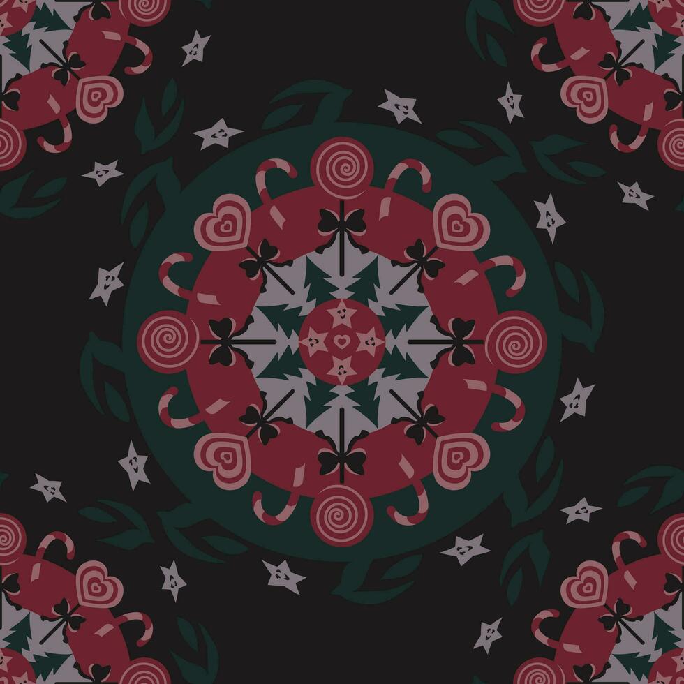 Weihnachten nahtlos Muster. Lutscher Mandala. Herz Lutscher und Süßigkeiten Stock. Weihnachten Baum und Sterne. Schokolade und Himbeere Farben. vektor