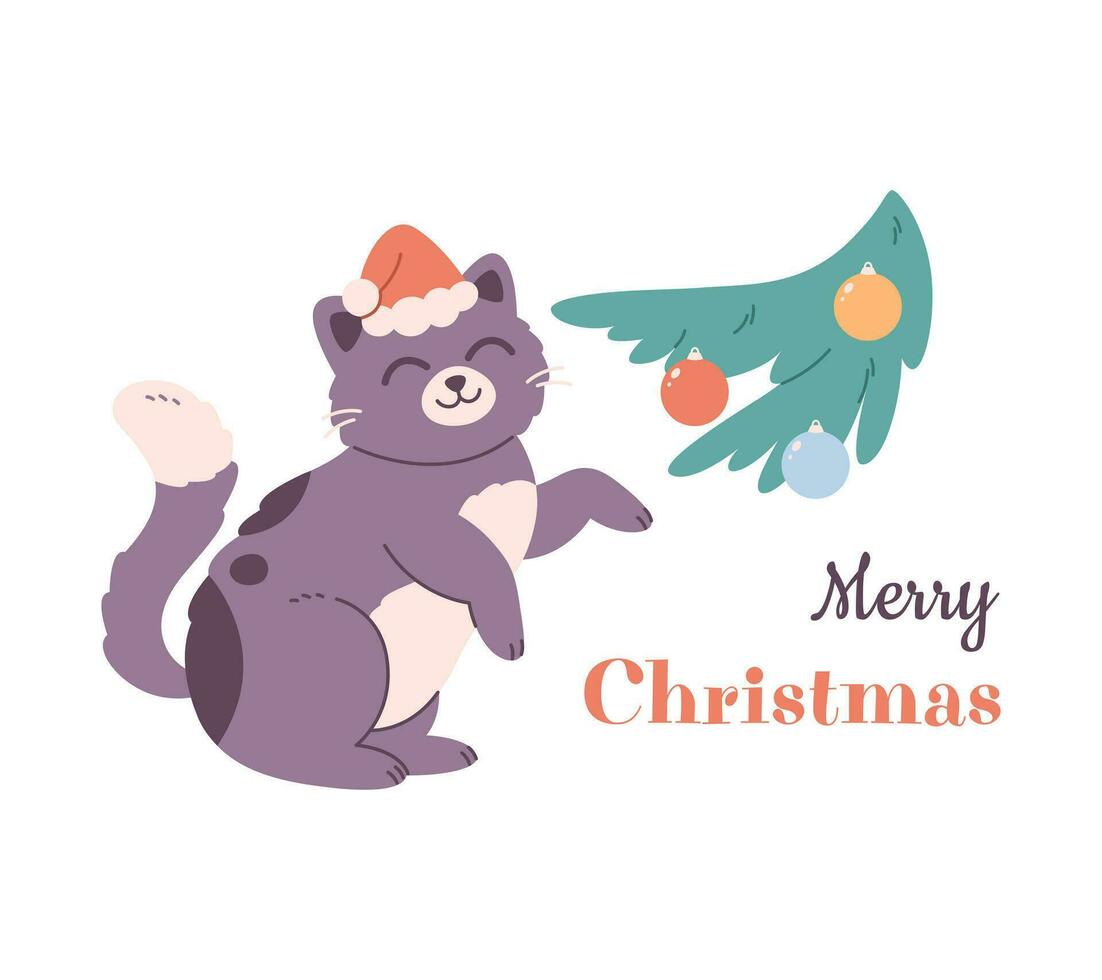 fröhlich Weihnachten Gruß Karte. süß Katze im Santa Hut spielen mit Weihnachten Baum Spielzeuge. Vektor Illustration im eben Stil