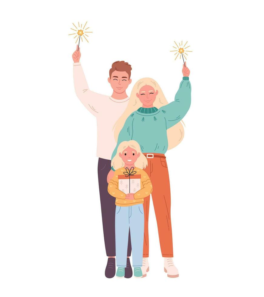 familj med barn fira jul eller ny år. vektor illustration i platt stil