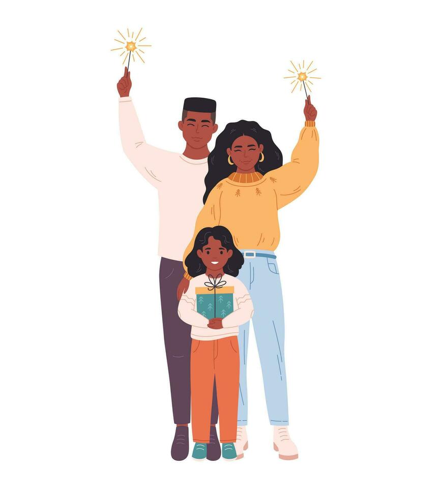 afrikanisch amerikanisch Familie mit Kind feiern Weihnachten oder Neu Jahr. Vektor Illustration im eben Stil