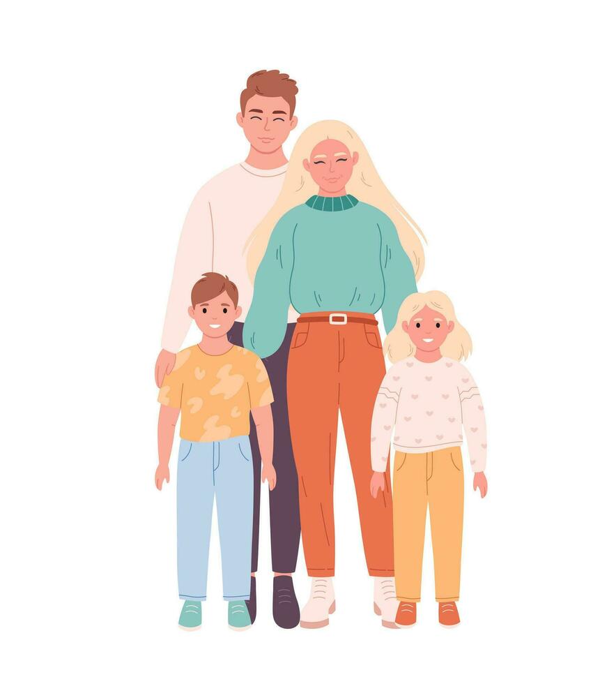 familj porträtt. föräldrar med två barn. värld familj dag. vektor illustration i platt stil
