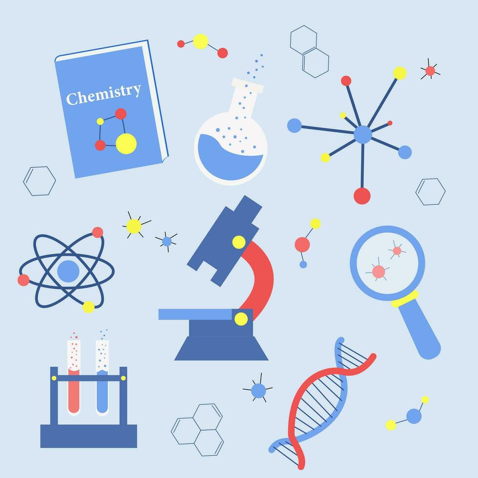 uppsättning av klistermärken av kemi föremål, dna, flaska, mikroskop, bok, atomer, molekyler, vektor illustration