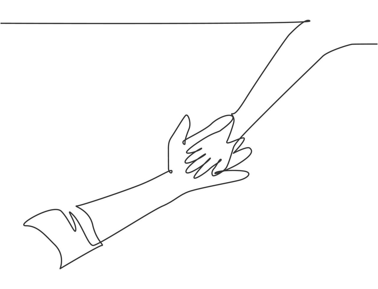Eine Strichzeichnung des Vaters, der seinem Kind die Hand gibt. Mutterpflege im Designstil der durchgehenden Strichzeichnung. elterliche Konzeptvektorillustration vektor