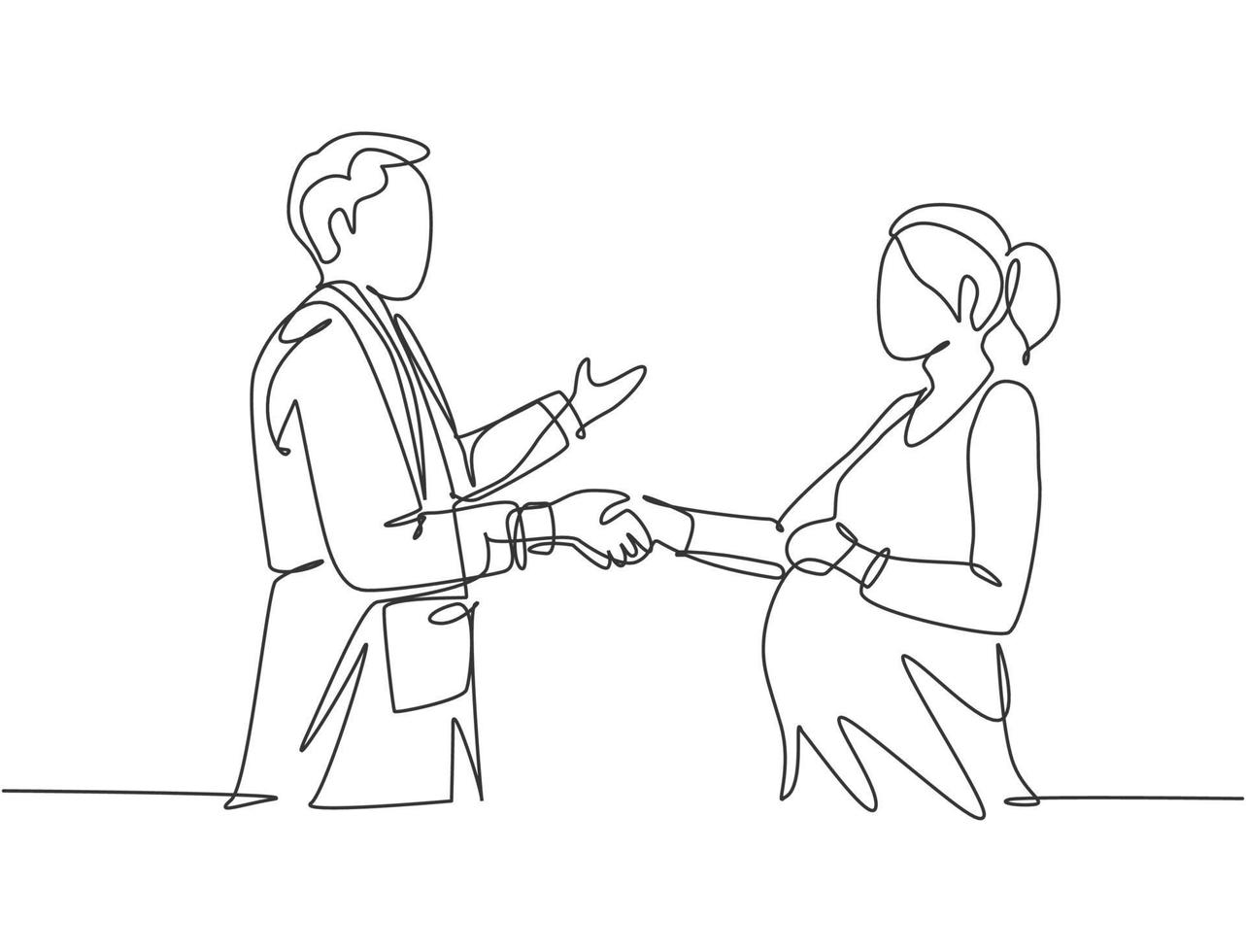 Kontinuierliche Strichzeichnung von Geburtshelfer und Gynäkologen Arzt Handshake und gratulieren einer jungen glücklichen schwangeren Mutter zu ihrer Schwangerschaft. eine strichzeichnungsvektorillustration vektor