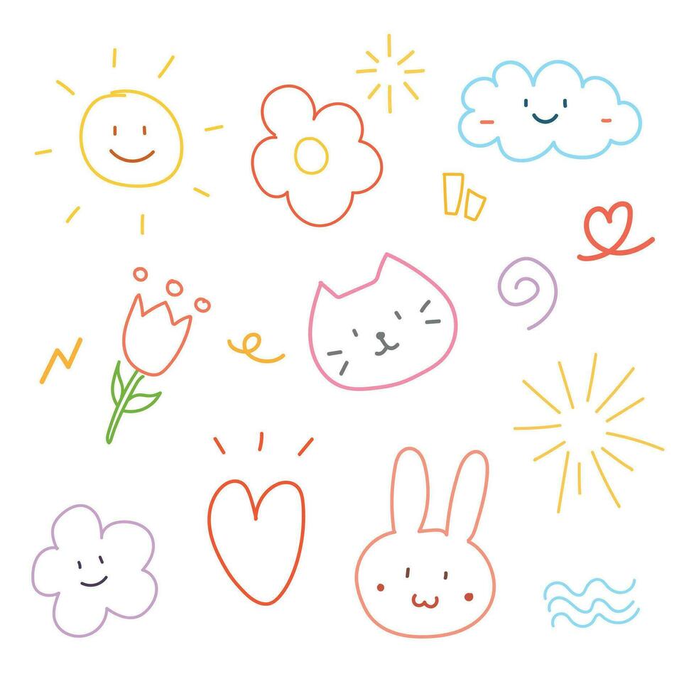 Farbe süß Gekritzel Karikatur Hand gezeichnet inbegriffen Katze, Wolke, Kaninchen, Herz usw. zum Element und Illustration vektor