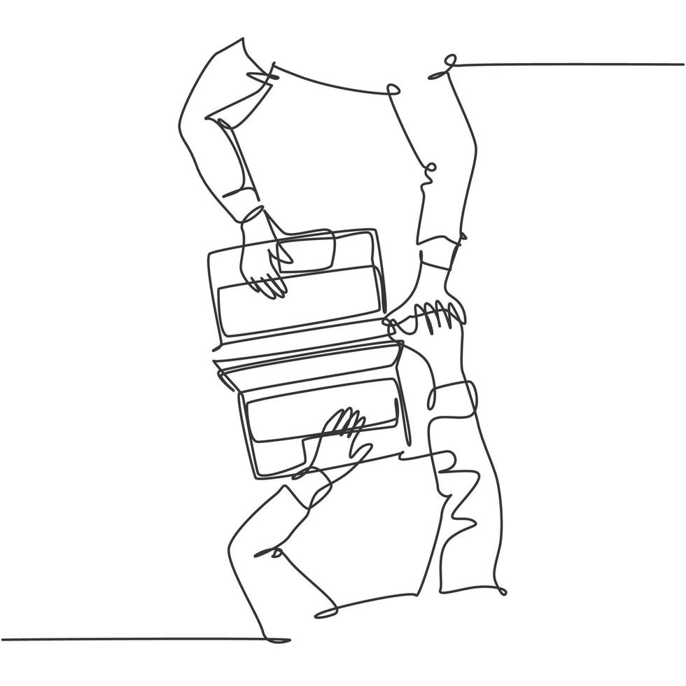 en radritning av två unga lyckliga affärspartners som ger hög fem gest över sin bärbara dator och affärskontrakt. affärsidé koncept kontinuerlig linje rita design vektor grafisk illustration