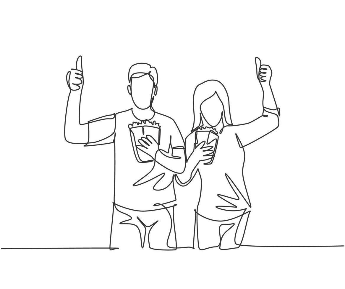 Eine Strichzeichnung eines jungen glücklichen Paares, das die Geste Daumen hochgibt und Popcorn hält, um den Film im Theater zu sehen. Unterhaltungskonzept. durchgehende Linie Grafik-Draw-Design-Vektor-Illustration vektor