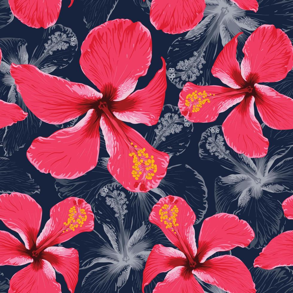 sömlöst mönster tropisk sommar med röda hibiskusblommor abstrakt bakgrund. vektorillustration handritning torr akvarellstil. för tygdesign. vektor