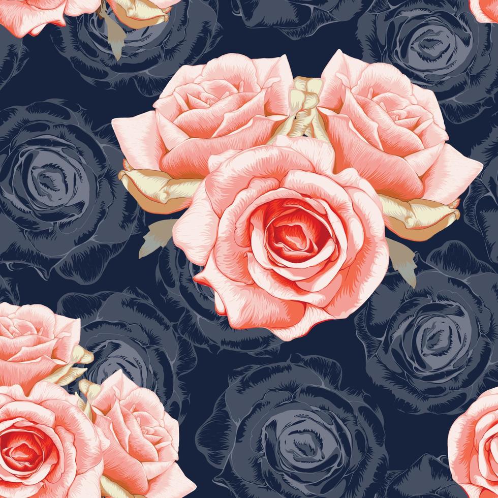 sömlöst mönster röd ros blommor vintage abstrakt mörkblå bakgrund. vektor illustration ritning akvarell stil. för begagnade tapetdesign, textilväv eller omslagspapper.