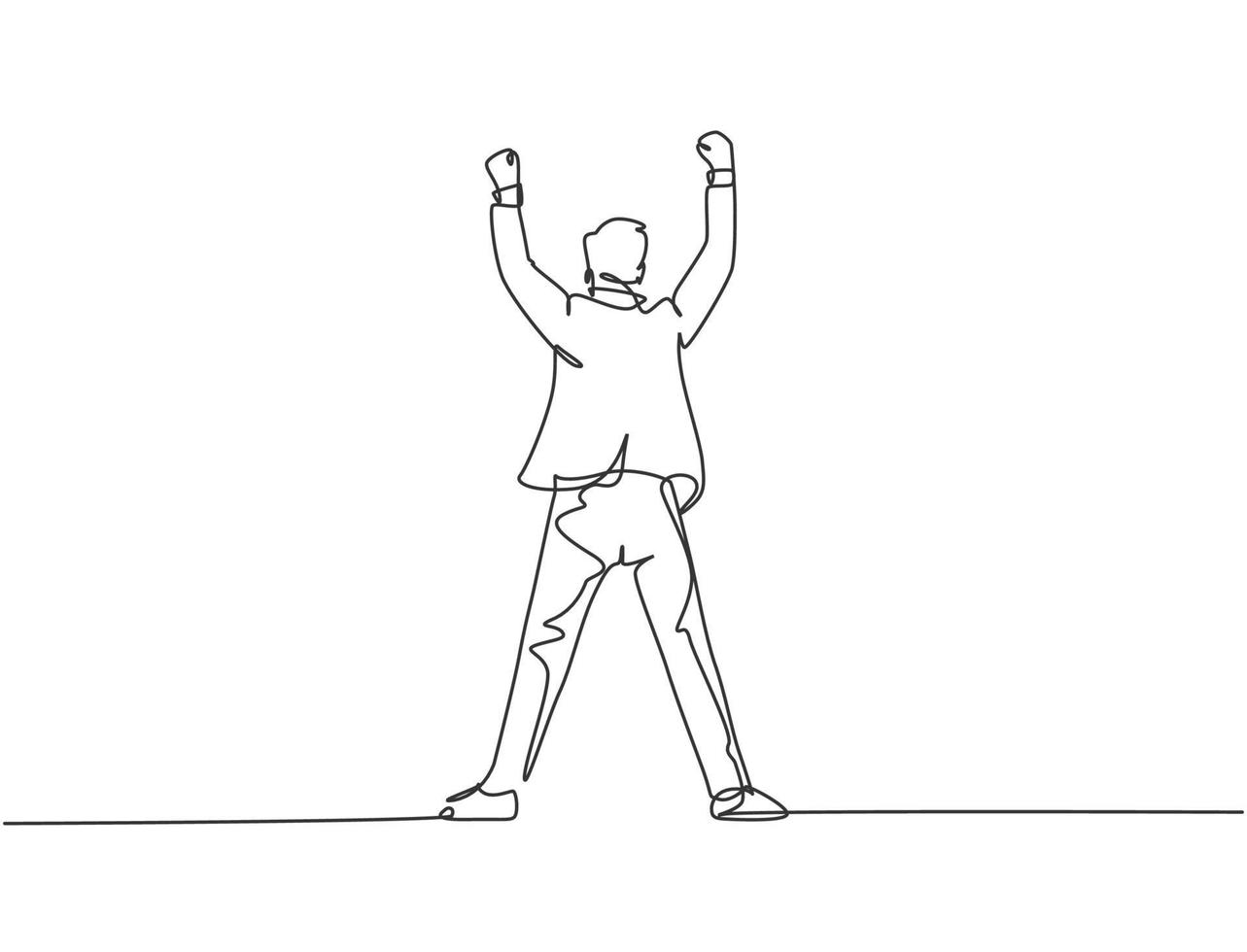 en enda radritning av ung glad affärsman som står och knuter händerna i luften för att fira hans framgång, bakifrån. affärsidé koncept kontinuerlig linje rita design vektor illustration