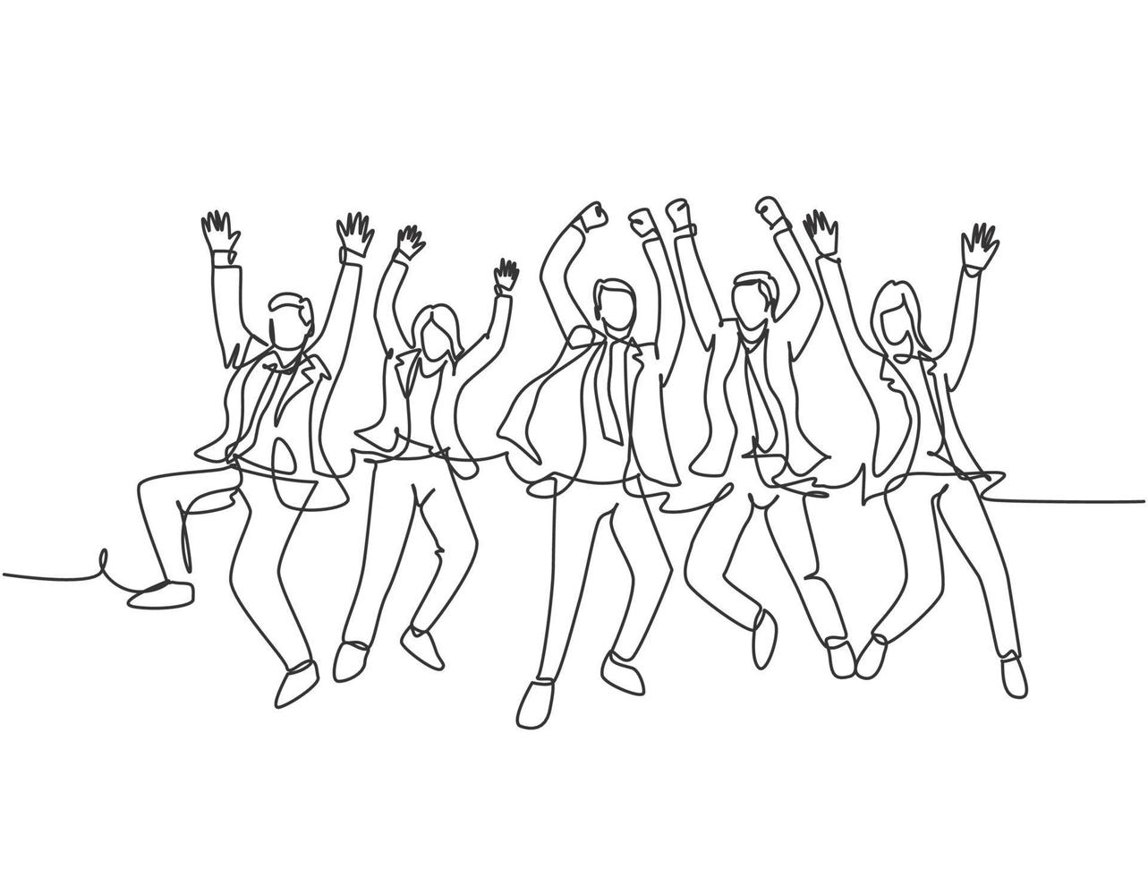 Eine Strichzeichnung eines jungen glücklichen Geschäftsmannes und einer Geschäftsfrau, die springen, um ihr aufeinanderfolgendes Teamgeschäft zu feiern. Business-Deal-Konzept kontinuierliche Linie zeichnen Grafikdesign-Vektor-Illustration vektor