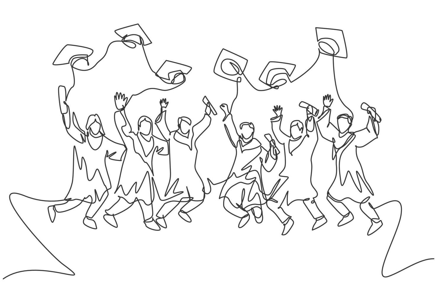 Eine Strichzeichnungsgruppe junger glücklicher Absolventen männlicher und weiblicher College-Studenten, die ein Kleid springen und Daumen hoch geben. Bildungskonzept kontinuierliche Linie zeichnen Grafikdesign-Vektor-Illustration vektor