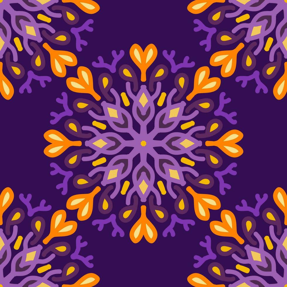 Gelb lila Magenta violett Lavendel Mandala nahtlos Muster Blumen- Blume kreativ Jahrgang Design Hintergrund Vektor Illustration