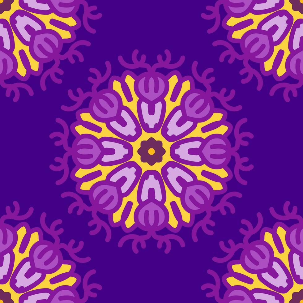 gul lila magenta violett lavendel- mandala sömlös mönster blommig blomma kreativ årgång design bakgrund vektor illustration