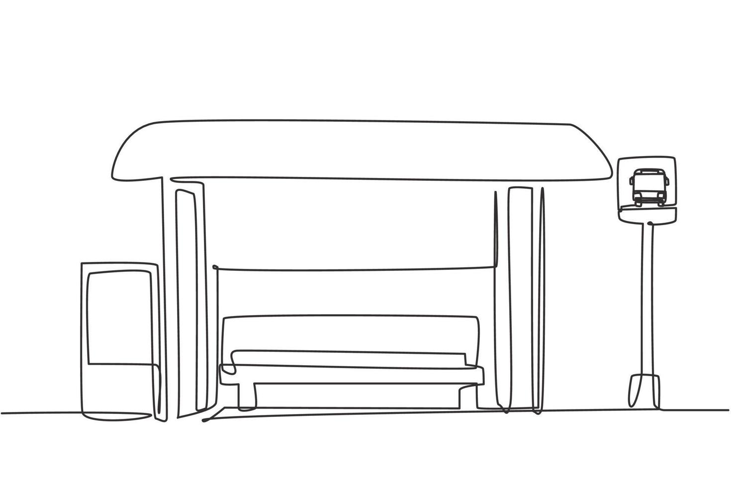 eine einzeilige Zeichnung von Bushaltestellen mit Wartehäuschen, einfachen Busschildern und Mülleimern, die sich an den Seiten der städtischen Straßen befinden, an denen die Fahrgäste ein- und aussteigen. eine Linie zeichnen Design-Grafik-Vektor-Illustration. vektor