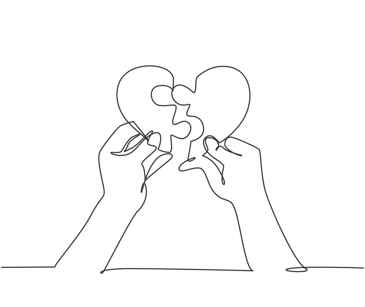 enda kontinuerlig linje ritning av söt ung glad man sätta ihop pusselbitarna till hjärtform. romantisk kärlek äktenskap koncept. modern en linje rita grafisk design vektor illustration