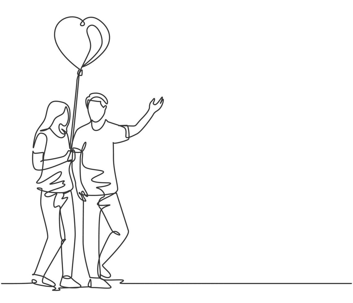 en enda ritning av unga lyckliga man- och kvinnapar tar en promenad tillsammans och håller en hjärtformad ballong. romantiskt äktenskap kärlek koncept kontinuerlig linje rita design vektor illustration