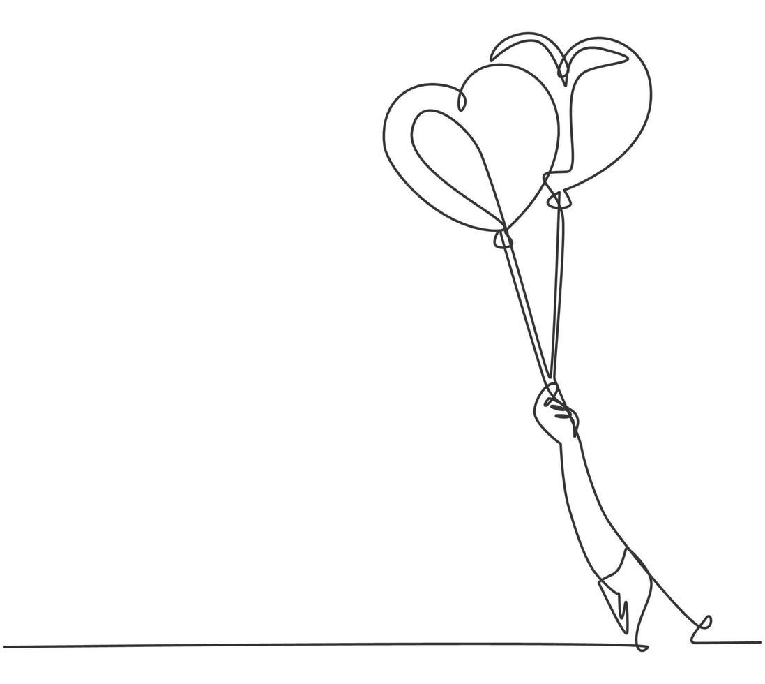 en kontinuerlig linje ritning av ung glad tjej som håller ett par söta hjärtformade ballonger tätt. romantiskt bröllop inbjudningskort koncept. modern enkel linje rita design grafisk vektor illustration