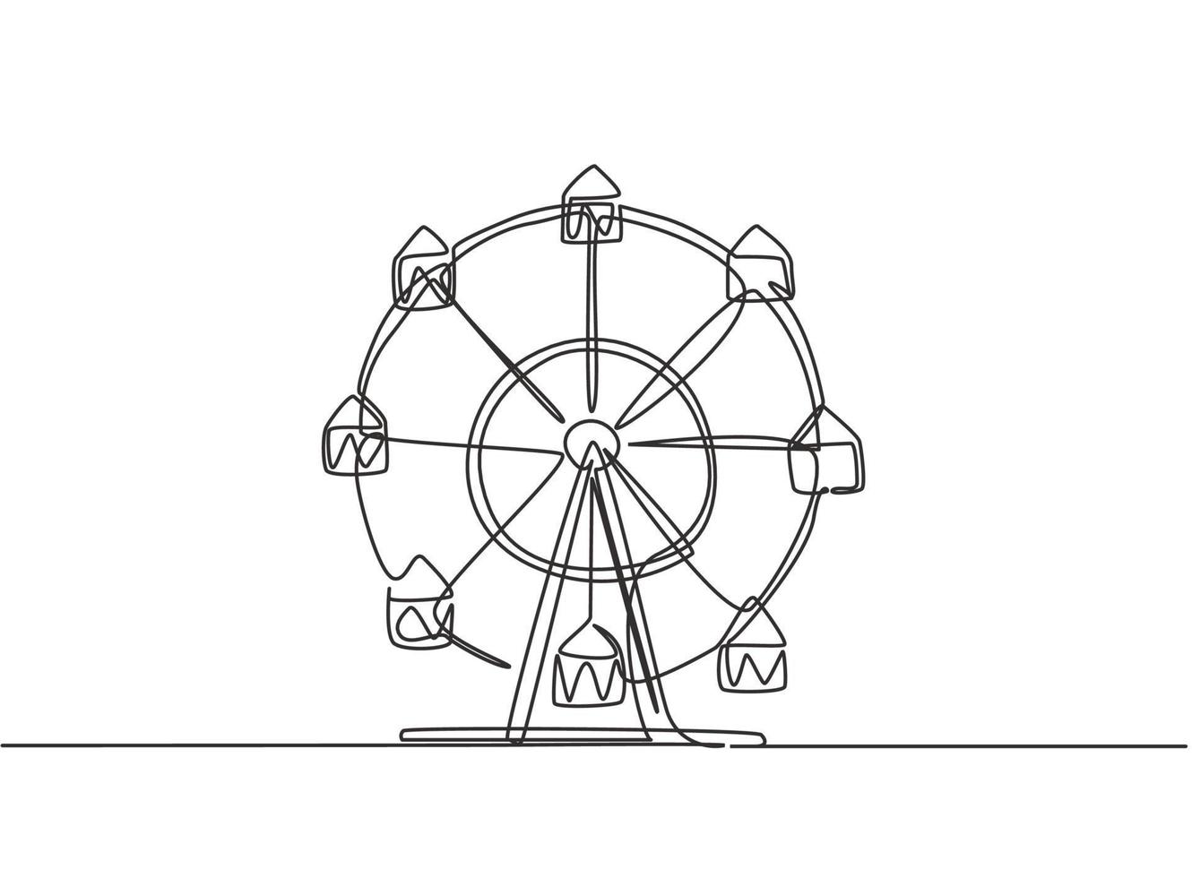 durchgehende Zeichnung eines Riesenrads in einem Vergnügungspark, ein Kreis, der sich hoch in den Himmel dreht. lustiges Spiel beim öffentlichen Kirmesfest. Einzeilige Zeichnung Design Vektorgrafik Illustration vektor