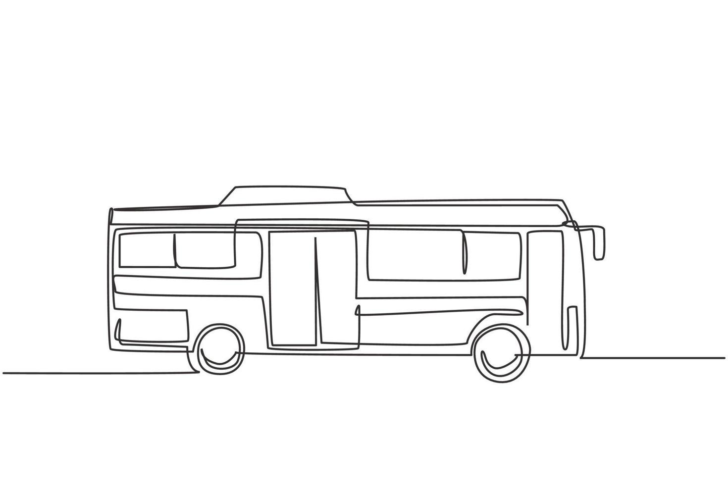 enda en linje ritning av stadsbussar sett från sidan betjänar pendlarpassagerare som avgår och återvänder hemifrån till kontoret. modern kontinuerlig linje rita design grafisk vektor illustration.
