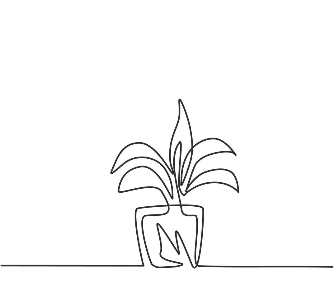 en enda radritning av krukväxter med fem växande blad används för prydnadsväxter. färska gröna växter för ögat i vardagsrummet. en linje rita design grafisk vektor illustration.