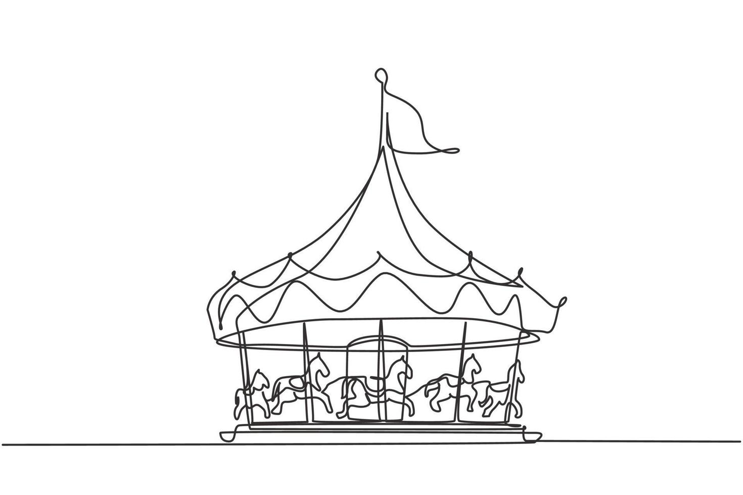 durchgehendes Einstrich-Pferdekarussell in einem Vergnügungspark, das sich unter einem großen Zelt mit einer Flagge dreht. Erholung, die Kinder lieben. Einzeilige Zeichnung Design Vektorgrafik Illustration vektor