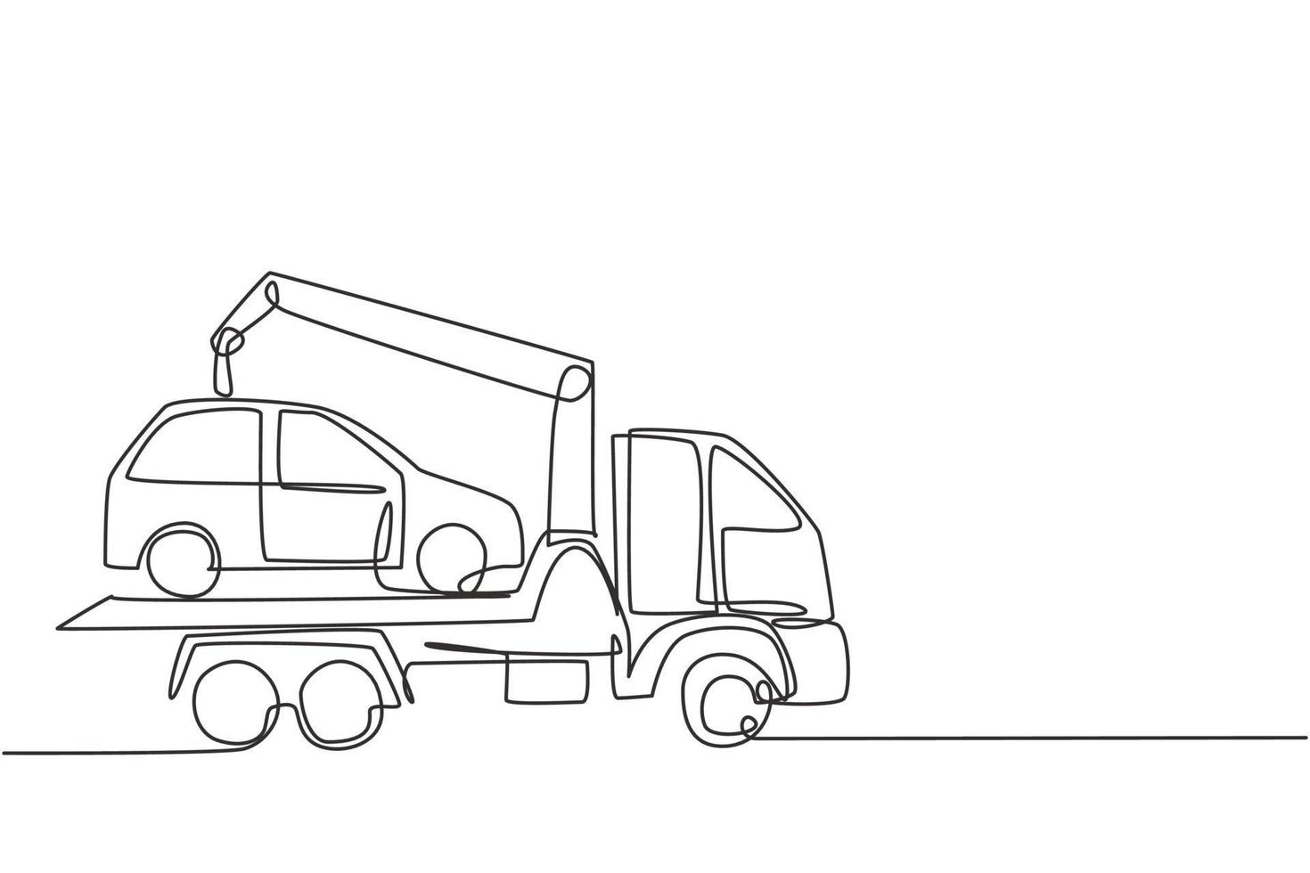 enda kontinuerlig dragning av dragbil transporterar en trasig bil ovanpå den med en kran. bilen tas till garaget för service. dynamisk en linje rita grafisk design vektor illustration.