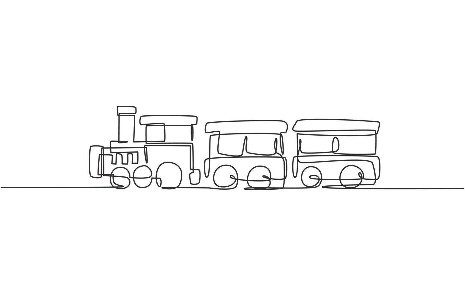 einzelne durchgehende Linienzeichnung eines Lokomotivzugs mit zwei Waggons in Form eines umherziehenden Dampfsystems im Vergnügungspark zum Transport von Passagieren. eine linie zeichnen grafikdesign-vektorillustration vektor