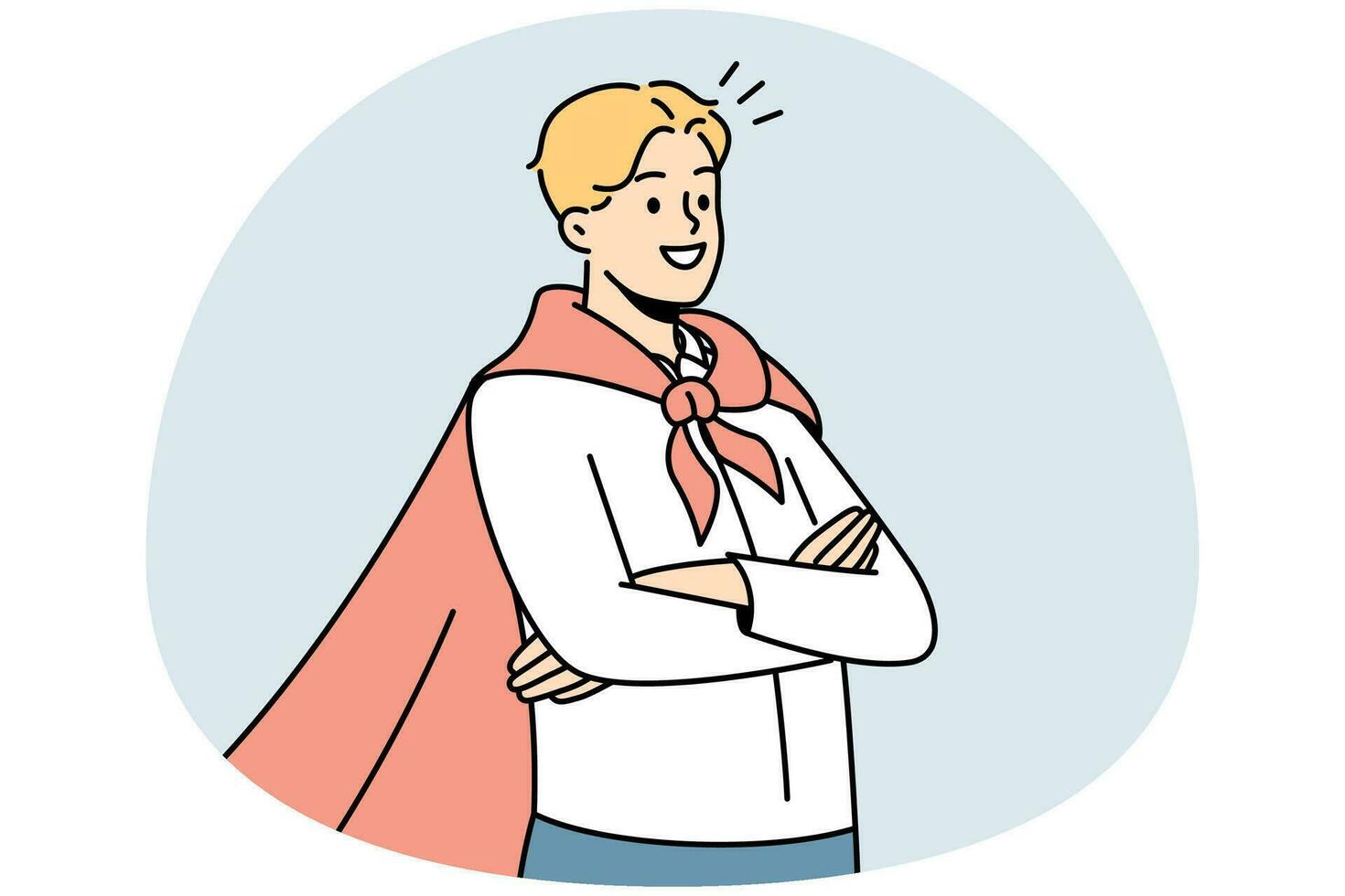 Lächelnder motivierter Mann mit Superman-Mantel, der mit Leistung oder Leistung zufrieden ist. glücklicher erfolgreicher geschäftsmann im superheldenmantel. Vektor-Illustration. vektor