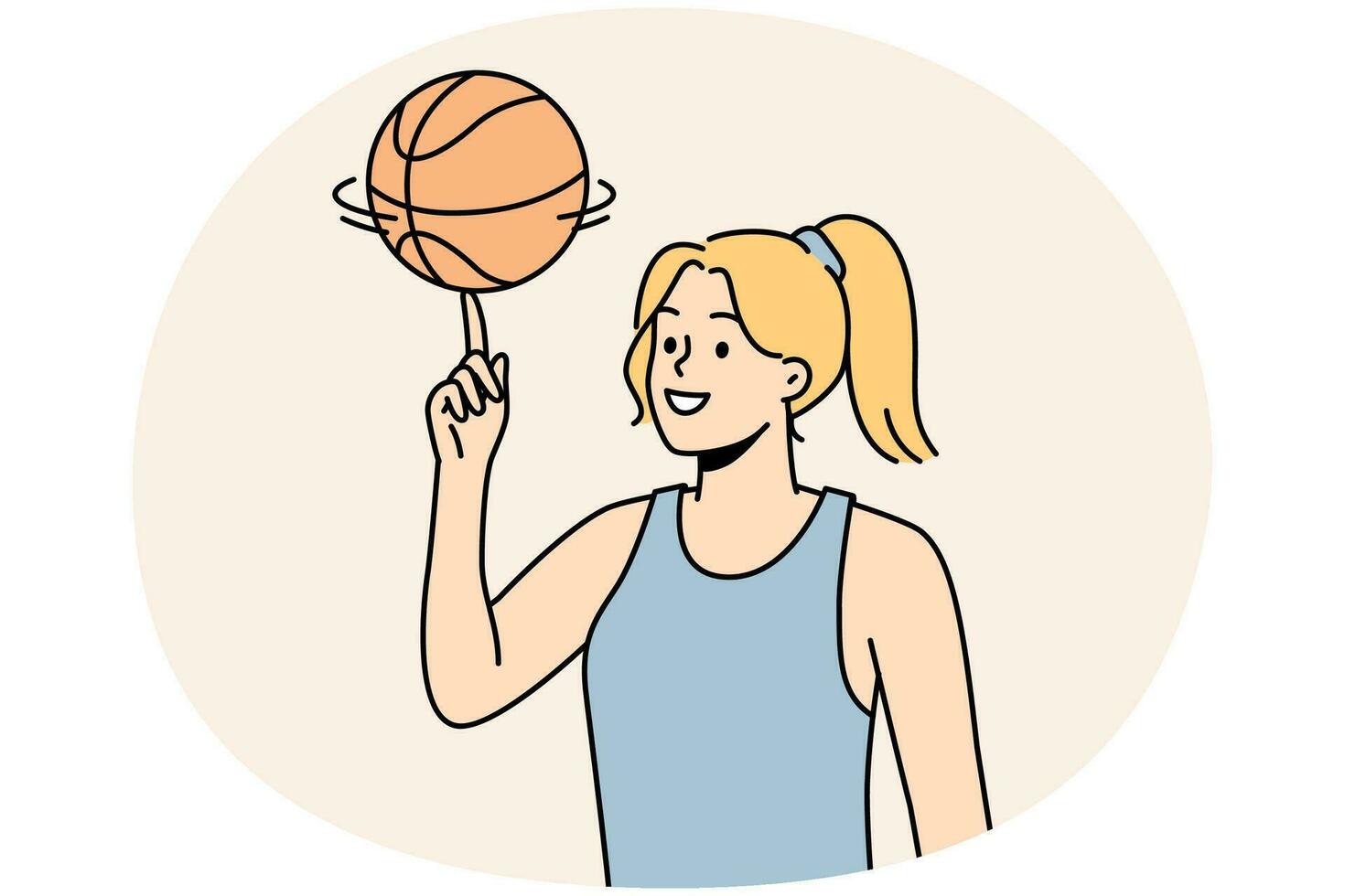 leende ung kvinna idrottare snurra boll på finger. Lycklig flicka basketboll spelare spela med boll. sport och spel aktivitet. vektor illustration.