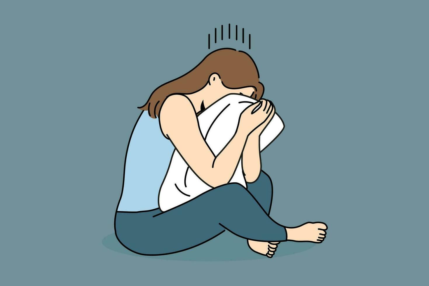 Weinen Frau sitzt umarmen Kissen und leidet weil von brechen oben mit Freund vektor