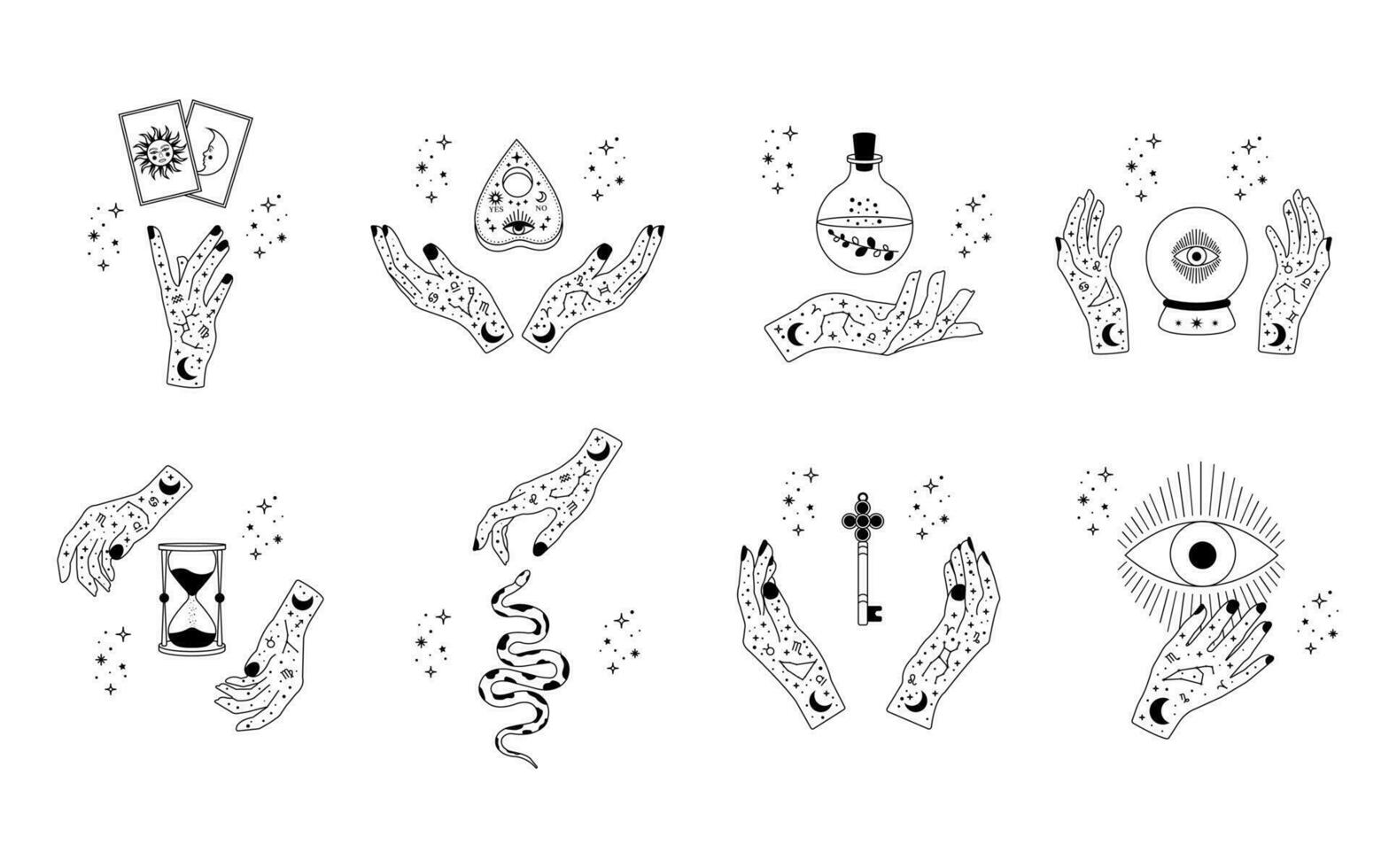 himmelsk mystisk måne och händer. uppsättning av magi händer med himmelsk mystisk esoterisk symboler. vektor illustration.