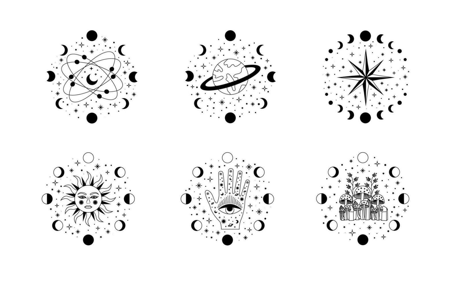 himmlisch mystisch Mond Sammlungen. Magie und esoterisch Vektor Illustrationen.