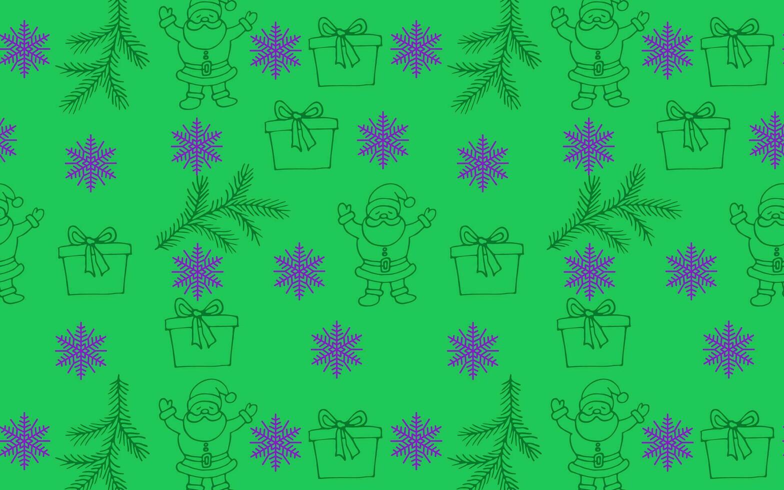 ny år sömlös vektor mönster. Färg illustration av ny år gran grenar, snöflingor och santa på en grön bakgrund i tecknad serie stil. bakgrund för förpackning, tyg och gåva.