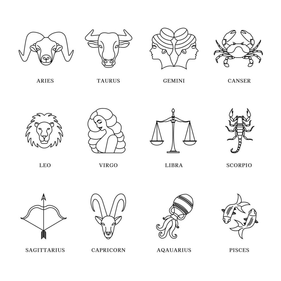 Tierkreis Astrologie Horoskop Satz. himmlisch mystisch Tierkreis Horoskop Vorlagen zum Logo, Poster oder Karte. vektor